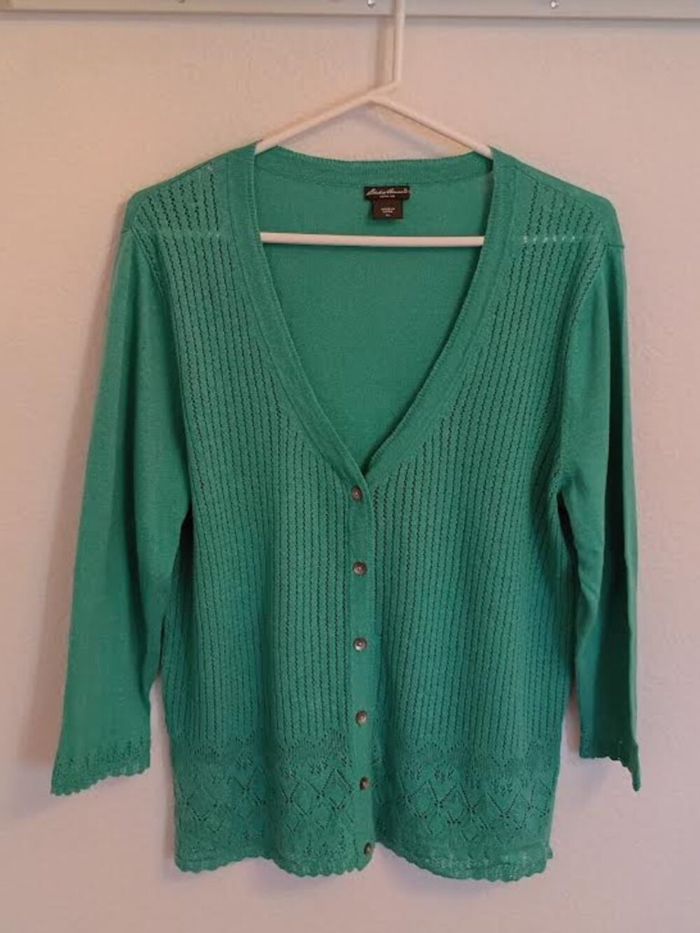 EDDIE BAUER WOMEN'S CARDIGAN 3/4 SLEEVE OPEN WEAVE SCALLOP EDGE LINEN COTTON XL